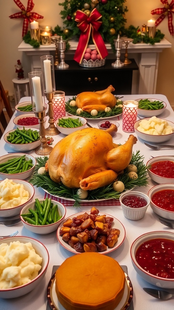 A festive Christmas dinner table with roasted turkey, mashed potatoes, green beans, cranberry sauce, and pumpkin pie.
